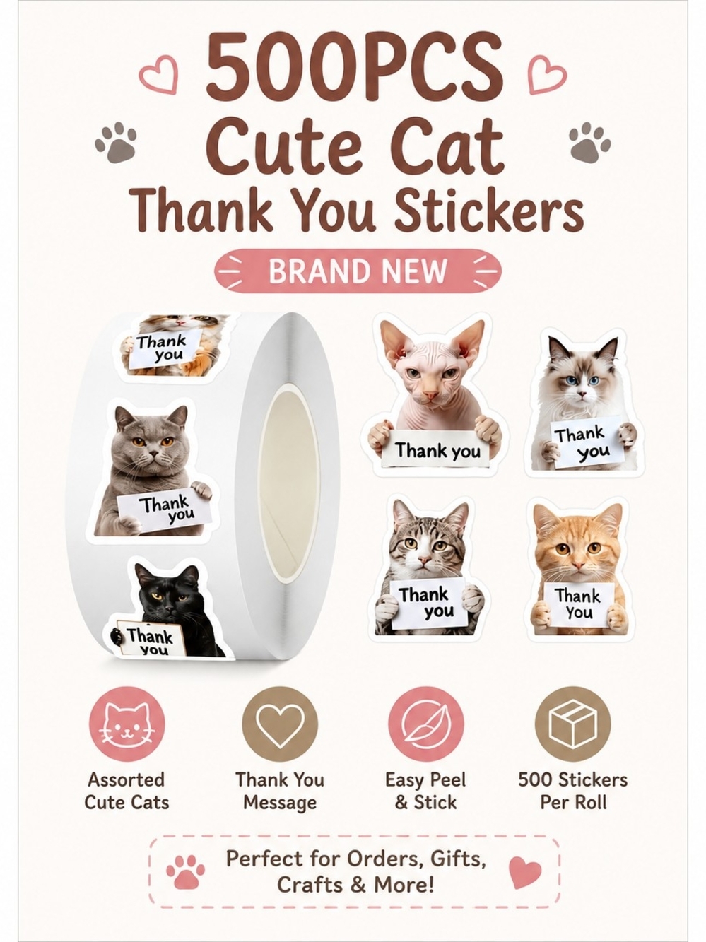 3 bunfles for $25 Cat Thank You Stickers Roll 500pcs